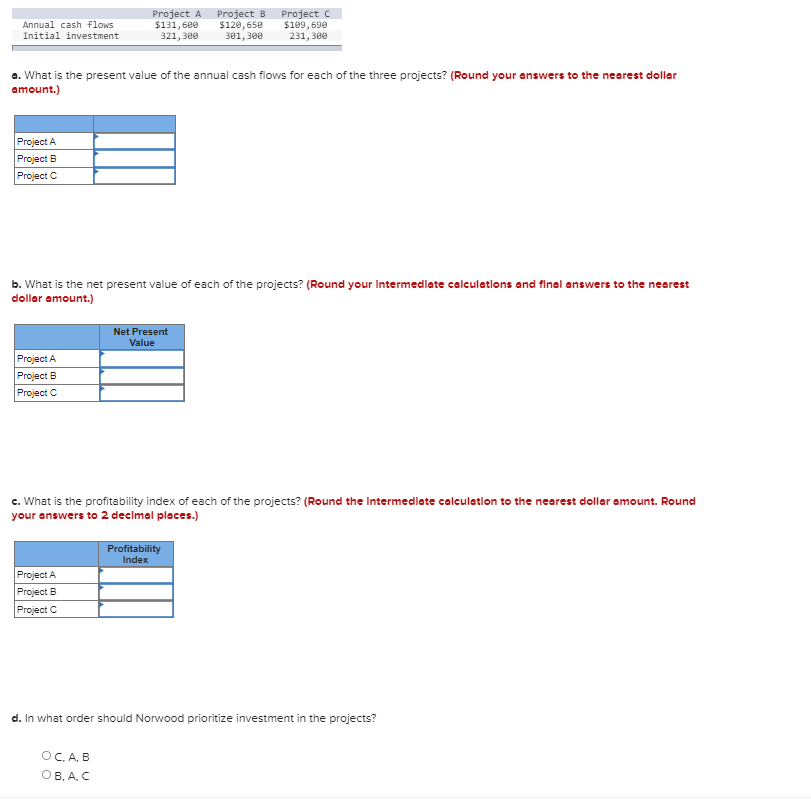 Please answer all three! Thank you Annual cash flows Initial investment Project