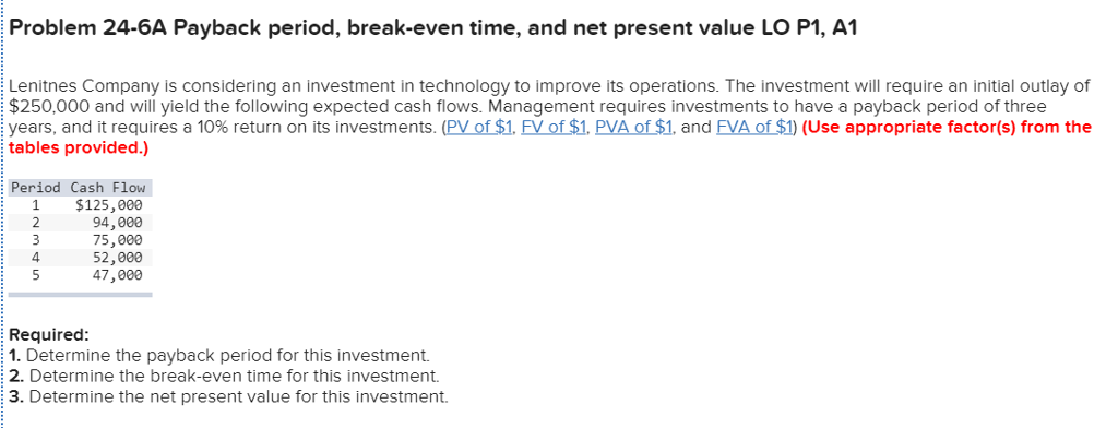  Problem 24-6A Payback period, break-even time, and net present value LO