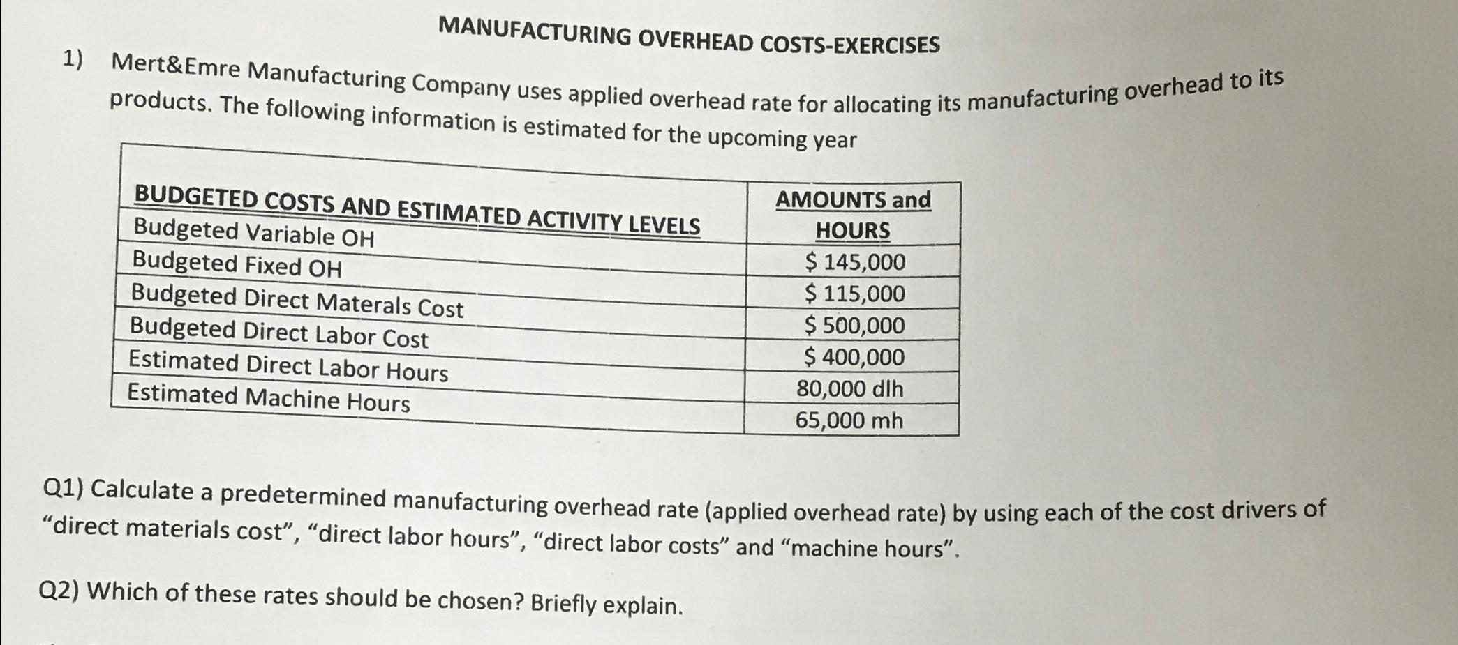  Solve this Question 1 MOH Cost Exercise 