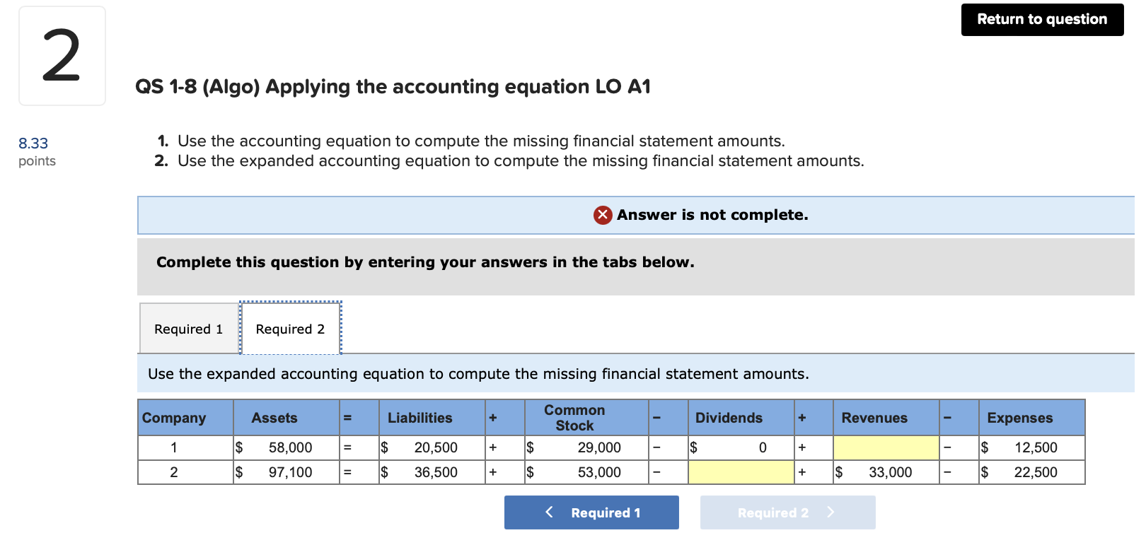  QS 1-8(Algo) Applying the accounting equation LO A1 Use the accounting