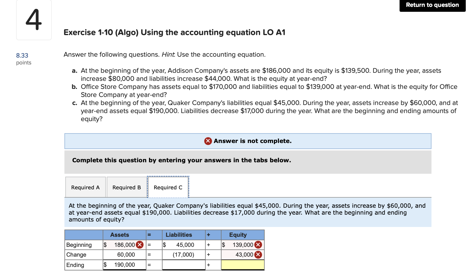  4 Exercise 1-10(Algo) Using the accounting equation LO A1 Answer the