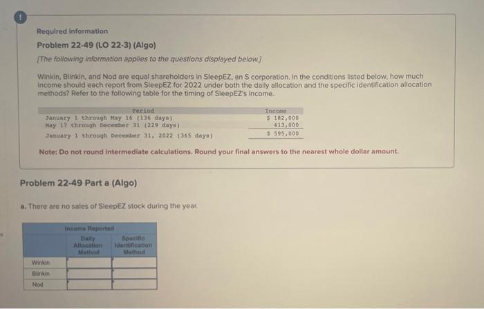 Can I get help please Required information Problem 22-49 (t.O 22-3) (Algo)