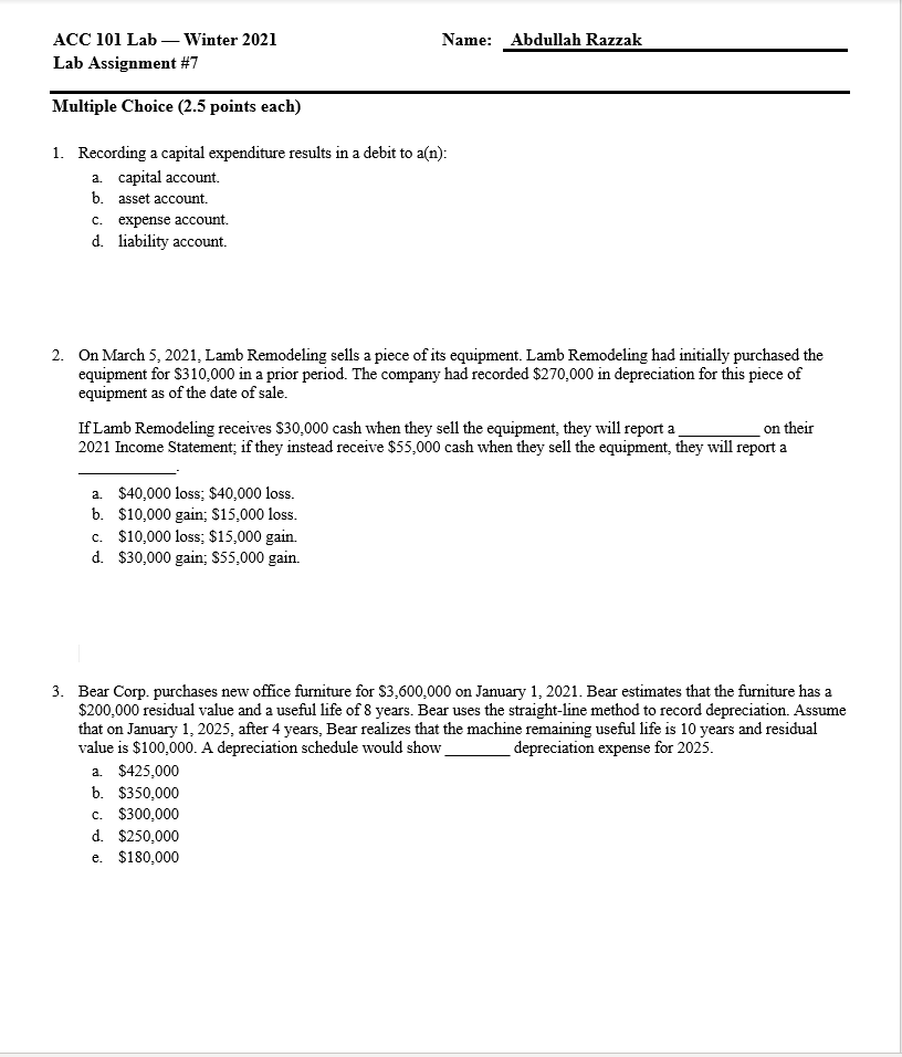  Name: Abdullah Razzak ACC 101 Lab Winter 2021 Lab Assignment #7
