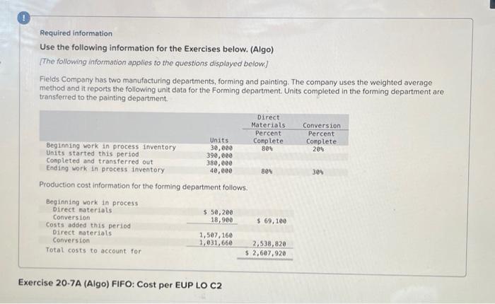 chapter 20 #9 Required information Use the following information for the Exercises