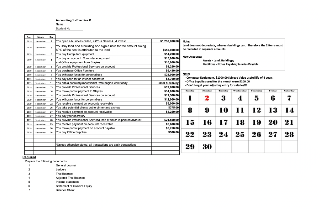  Accounting 1 - Exercise C Name: Student No Year Month 2019