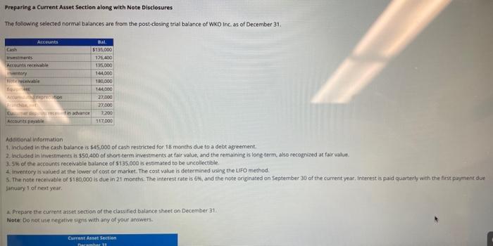 preparing a current asset section along with note disclosures Preparing a Current