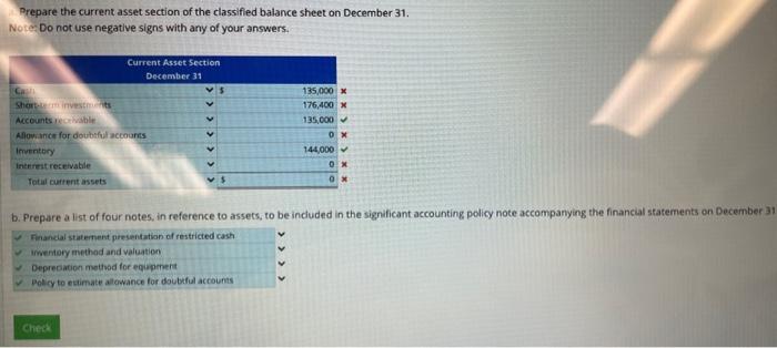 Asset Section along with Note Disclosures The following selected normal balances are