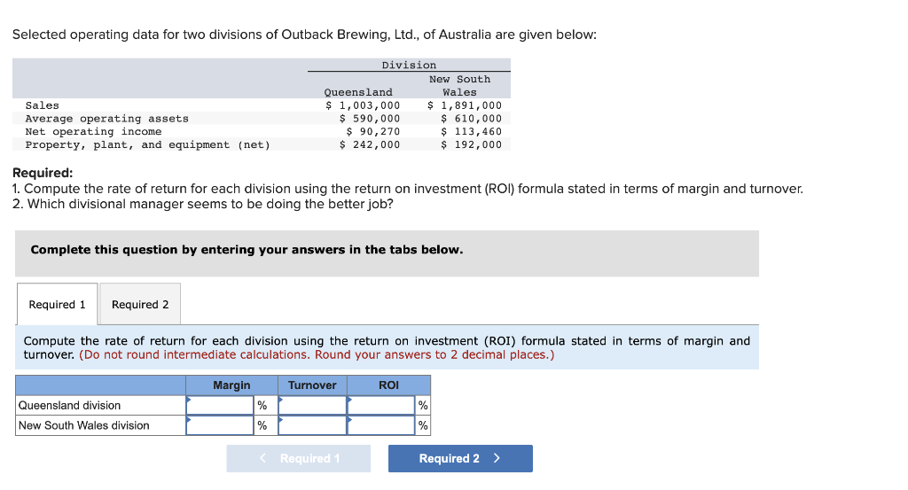 Selected operating data for two divisions of Outback Brewing, Ltd., of Australia