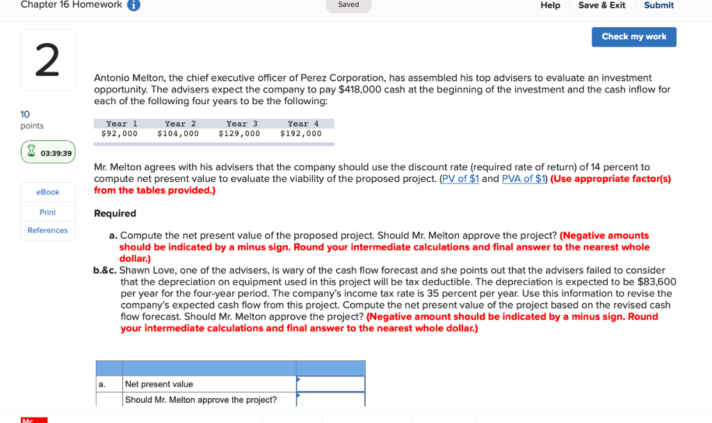  Chapter 16 Homework i Saved Help Save & Exit Submit Check