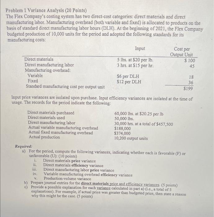 please answer all Cost per Problem 1 Variance Analysis (20 Points) The