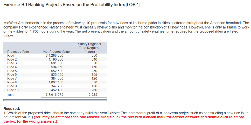  Exercise B-1 Ranking Projects Based on the Profitability Index [LOB-1] MidWest