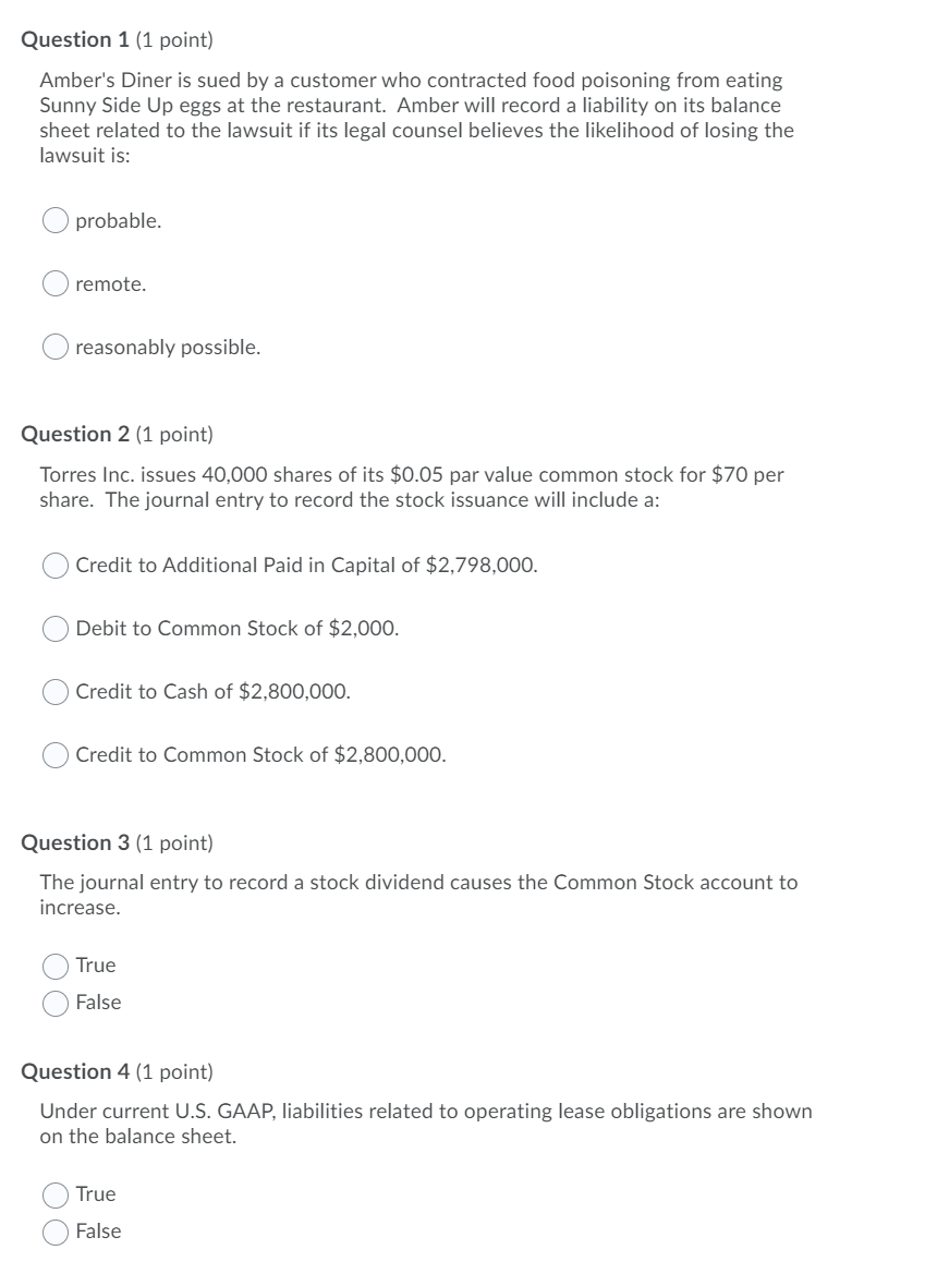 Question 1 (1 point) Amber's Diner is sued by a customer