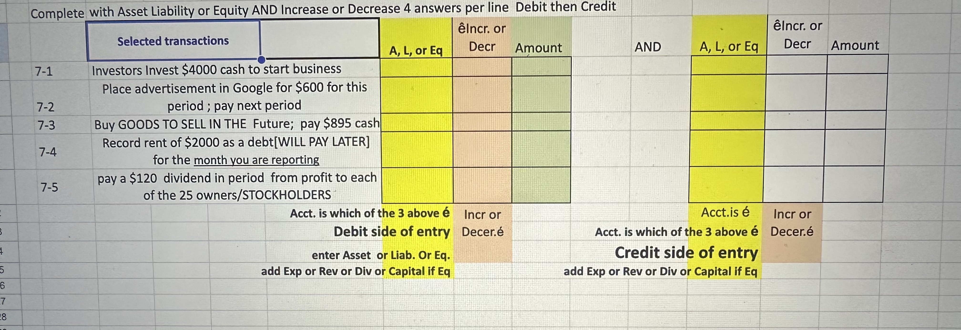  Complete with Asset Liability or Equity AND Increase or Decrease 4
