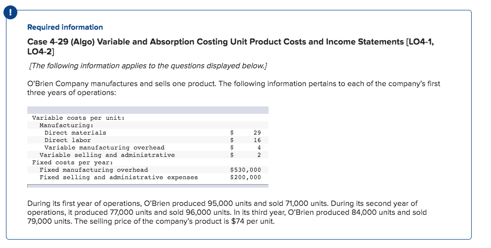 Required information Case 4-29 (Algo) Variable and Absorption Costing Unit Product
