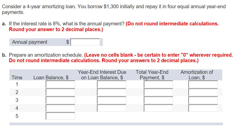  Consider a 4-year amortizing loan. You borrow $1,300 initially and repay