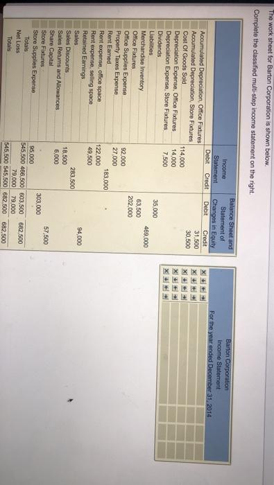  The work sheet for Barton Corporation is shown below. Complete the