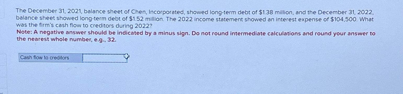  The December 31,2021, balance sheet of Chen, Incorporated, showed long-term debt
