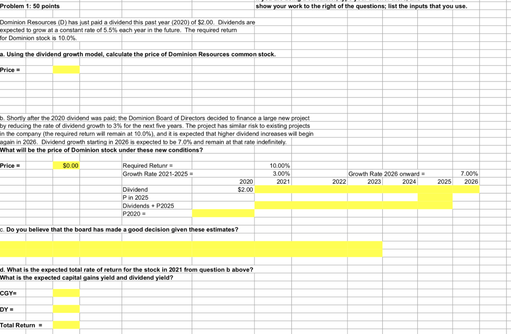 Problem 1: 50 points show your work to the right of