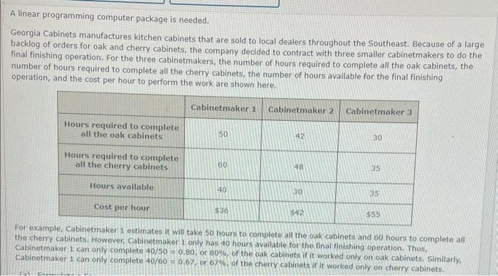 A linear programming computer package is needed. Georgia Cabinets manufactures kitchen