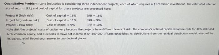  Quantitative Problem: Lane Industries is considering three independent projects, each of