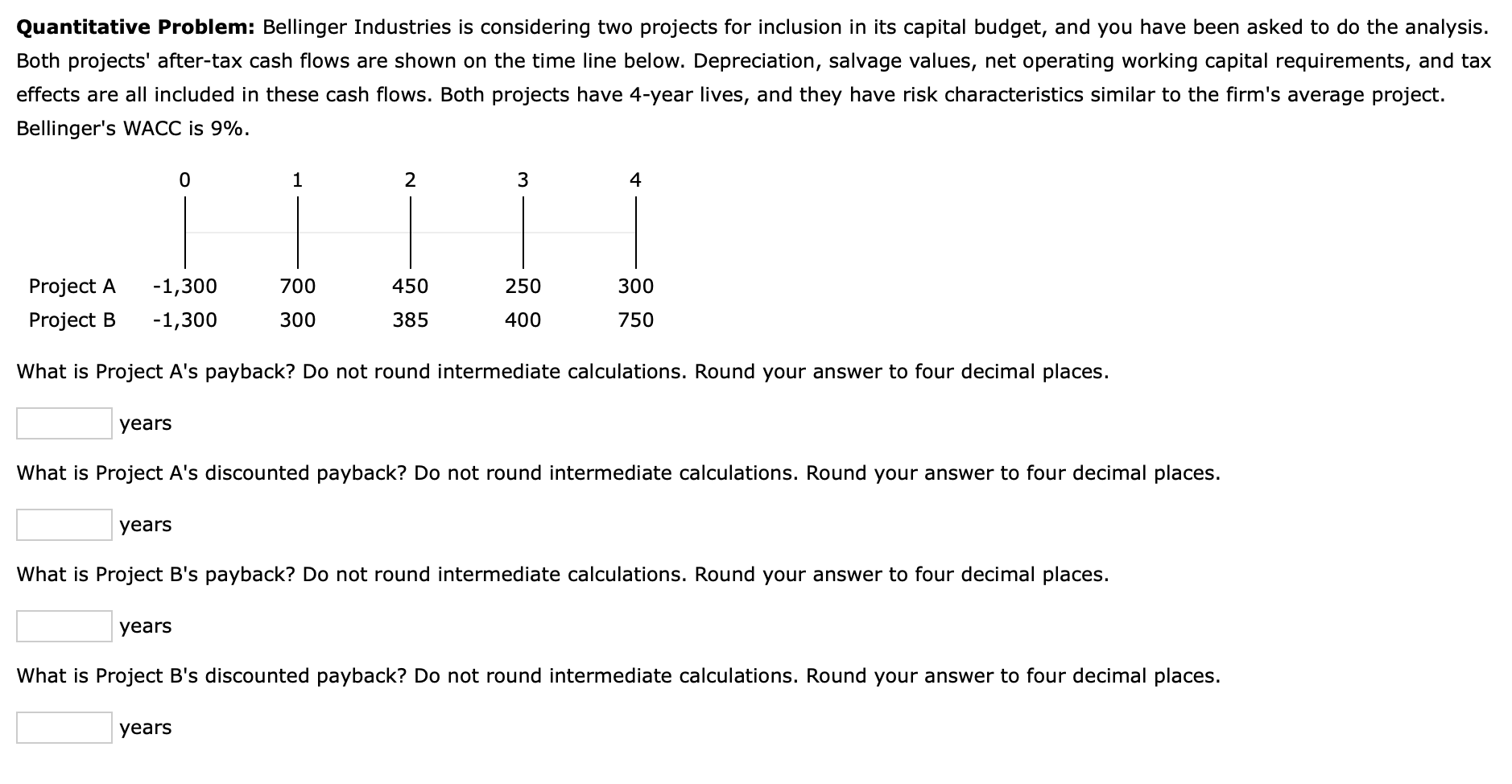 Quantitative Problem: Bellinger Industries is considering two projects for inclusion in