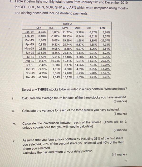  a) Table 2 below lists monthly total returns from January 2019