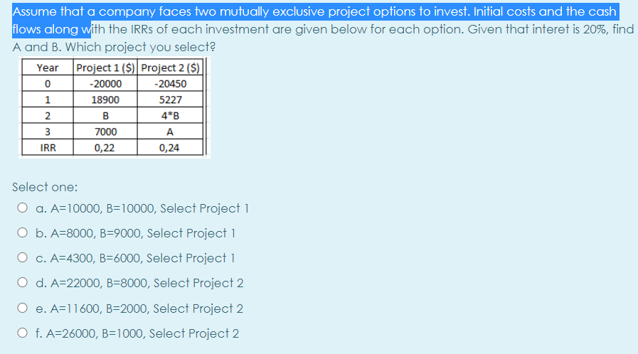  Assume that a company faces two mutually exclusive project options to