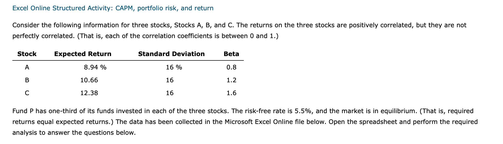  Excel Online Structured Activity: CAPM, portfolio risk, and return Consider the