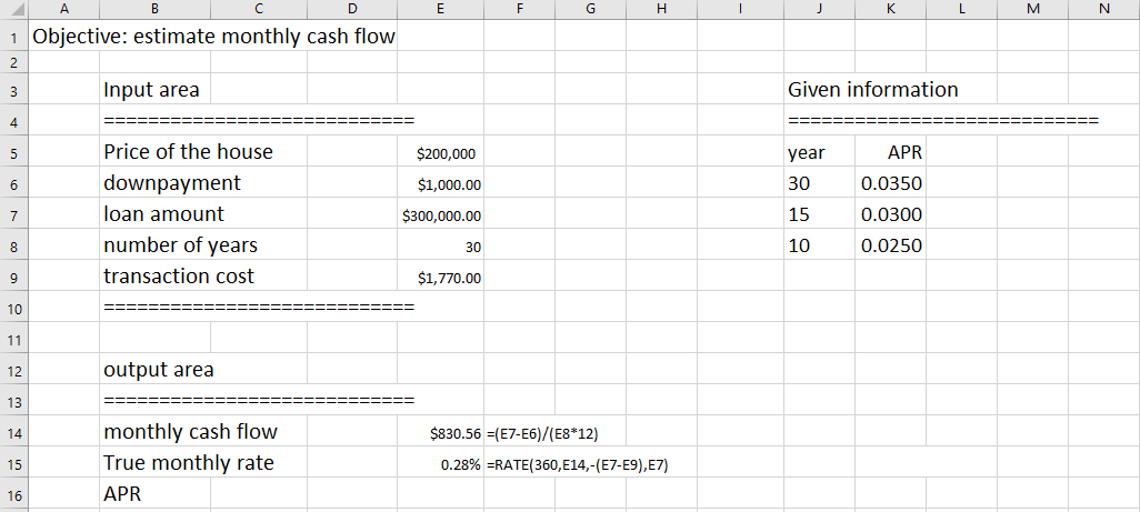 Calculate the APR and create an Amortization Table E F G H