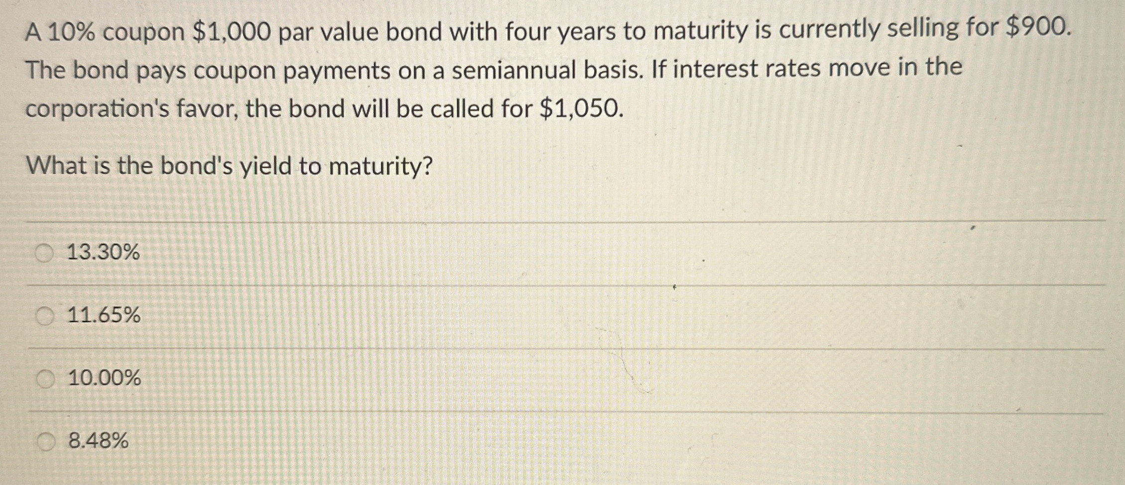  A 10% coupon $1,000 par value bond with four years to