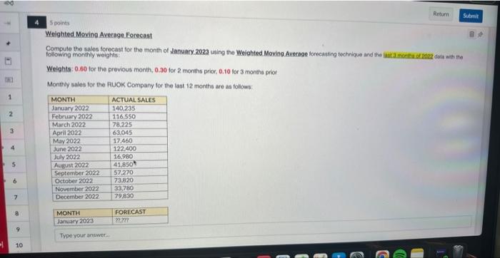  5 points Woighted Moving Average. Forecost Compute the sales forecast for