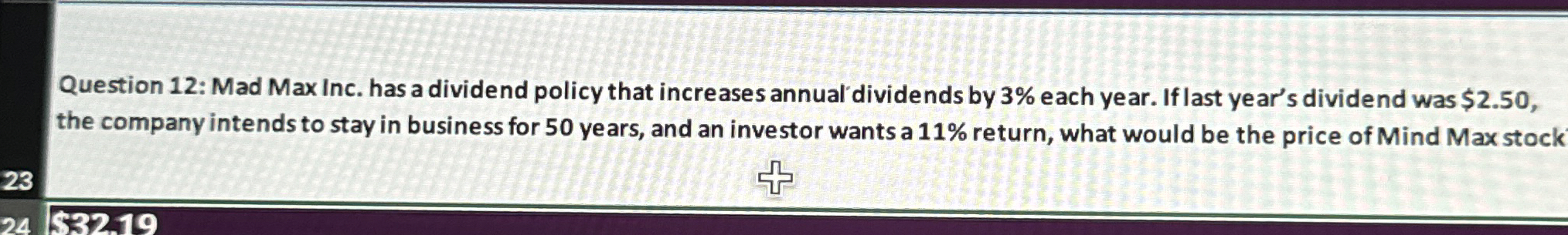  Question 12: Mad Max Inc. has a dividend policy that increases