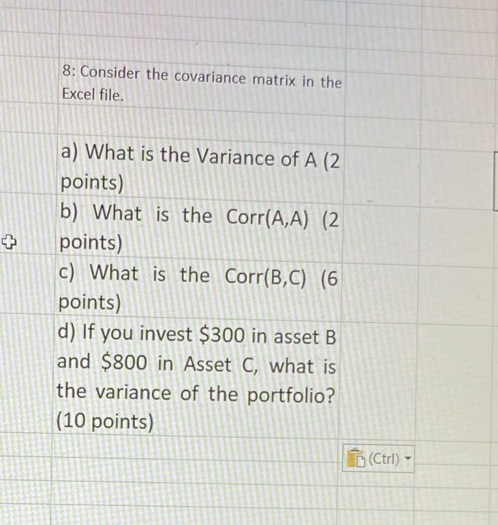  8: Consider the covariance matrix in the Excel file. a) What