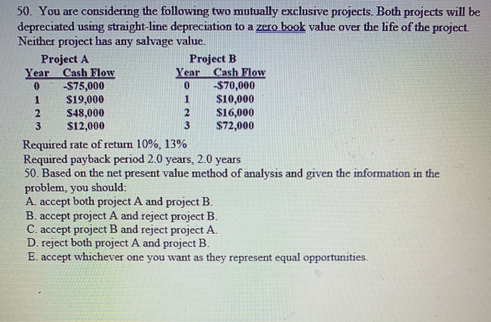  50. You are considering the following two mutually exclusive projects. Both
