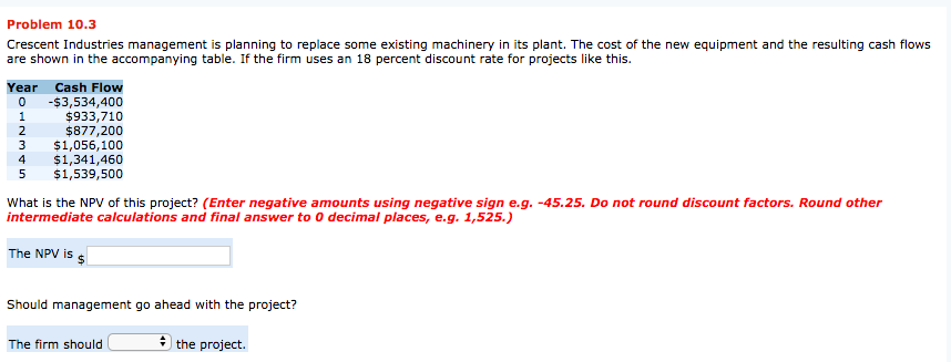  Problem 10.3 Crescent Industries management is planning to replace some existing