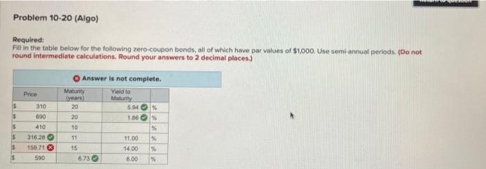  Problem 10-20 (Algo) Required: Fill in the table below for the