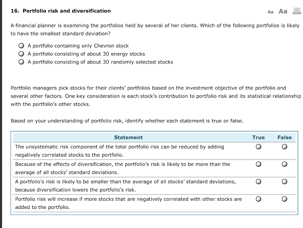 16. Portfolio risk and diversification Aa Aa E A financial planner