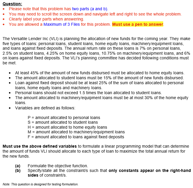 Question: Please note that this problem has two parts (a and