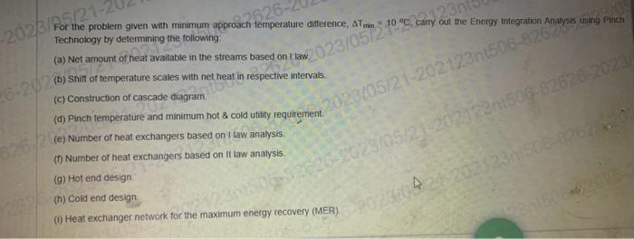  For the problem given with minimum approach temperature difference, Amin =
