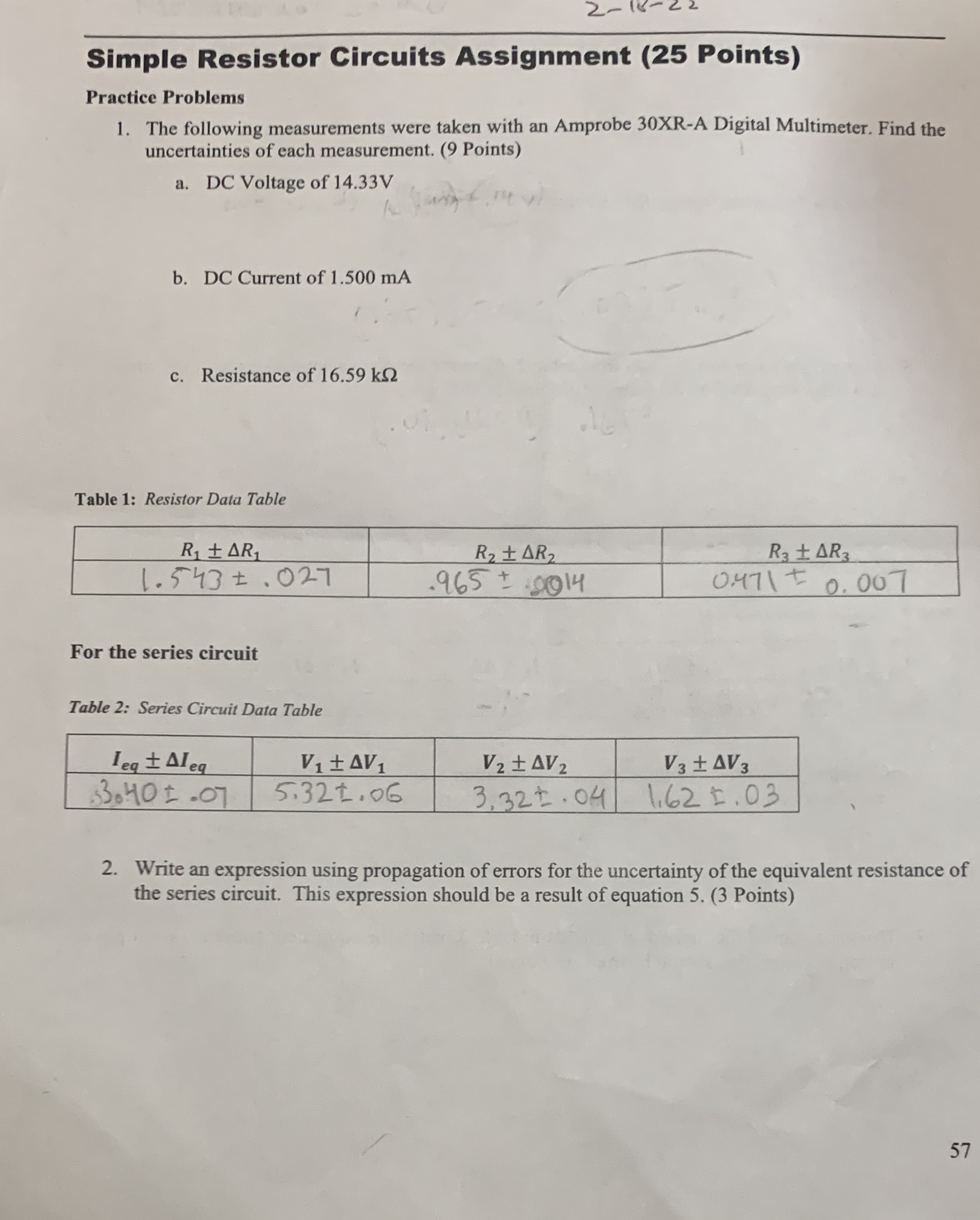 3: Calculate the equivalent resistance including uncertainty using the data from table