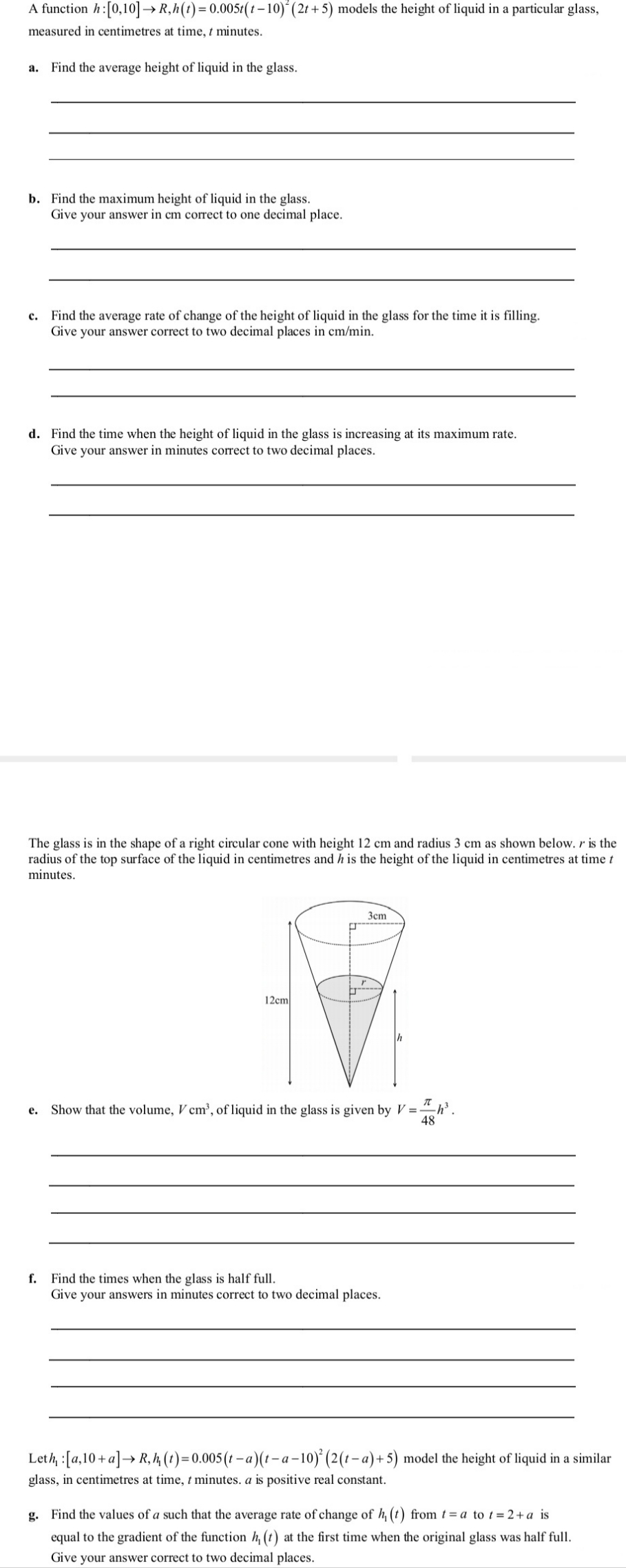  A function h : [0,10] -> R, h(t) = 0.005t(t-10)" (2t