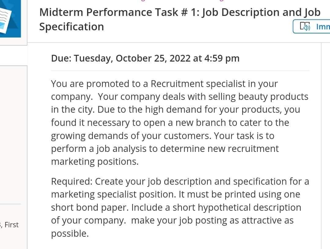  H u Midterm Performance Task # 1:Job Description and Job Specification