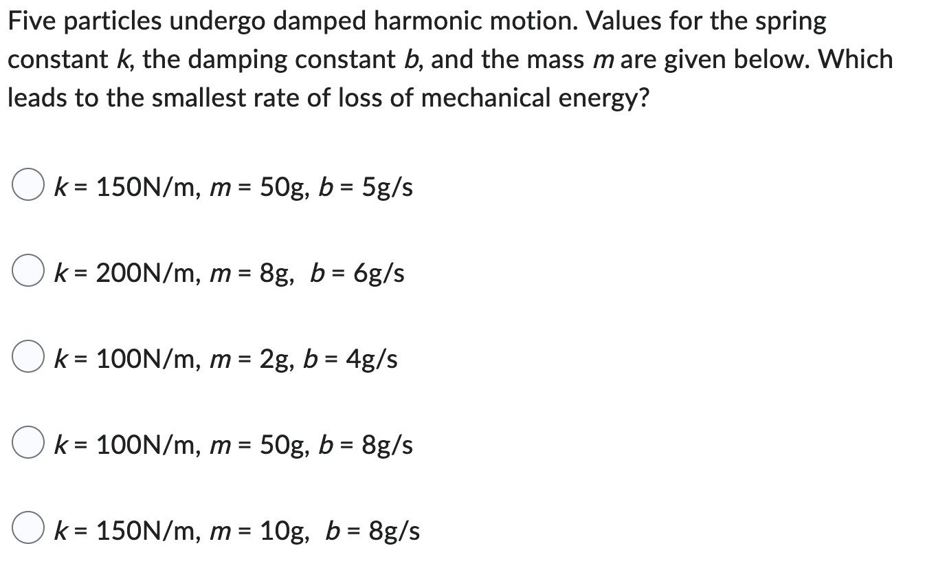  Five particles undergo damped harmonic motion. Values for the spring constant