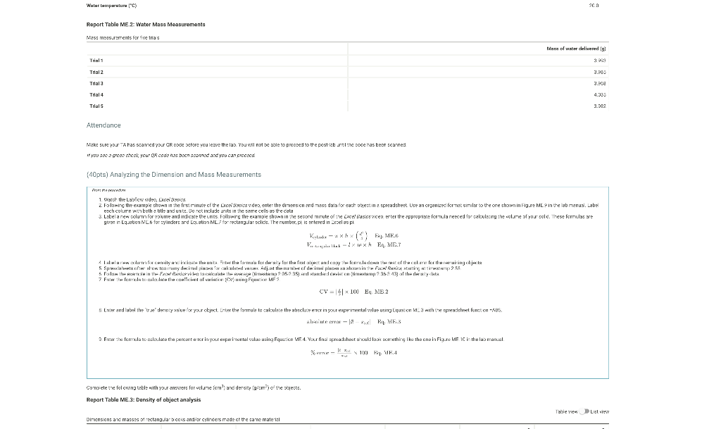 of Density statistics (16pts) Data Analysis: Density of weighed objects (If:[as) Q.