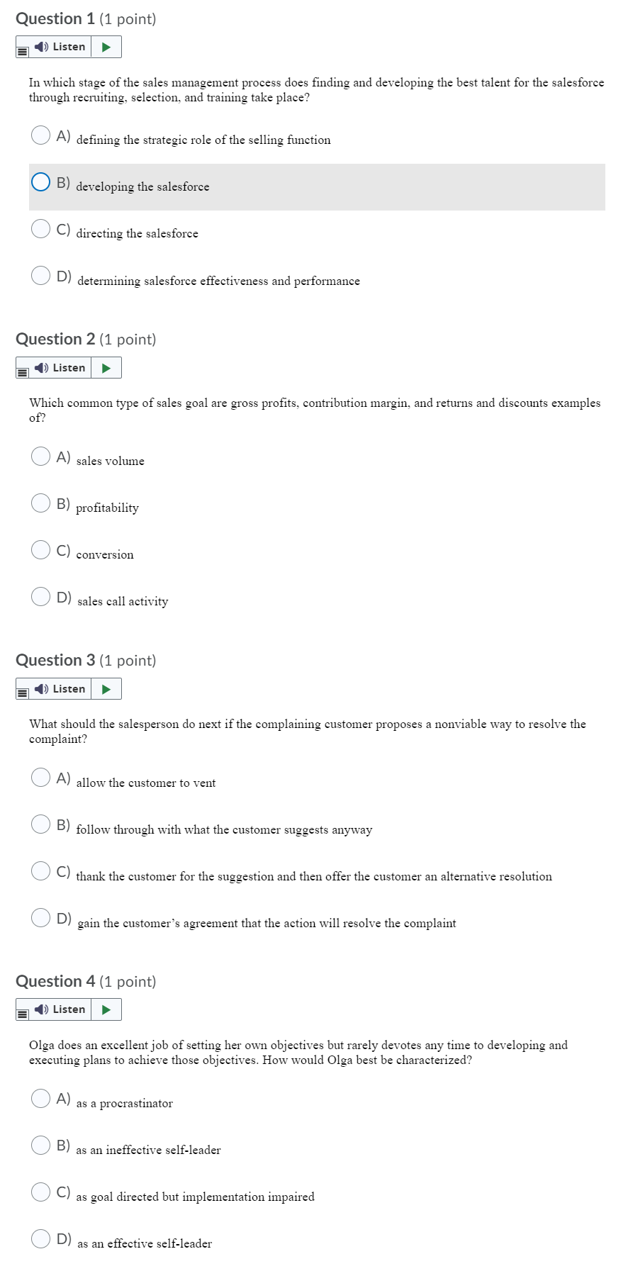 help please ? 1-4 Question 1 (1 point) = 1)) Listen )