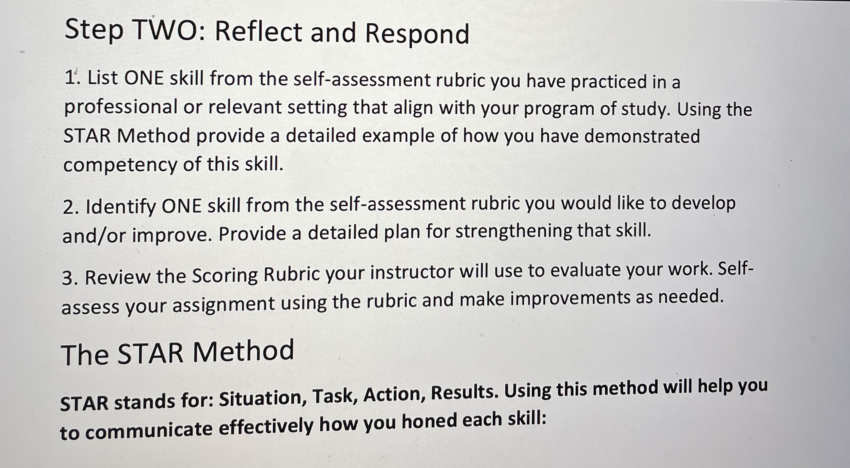  Step TWO: Reflect and Respond 1". List ONE skill from the