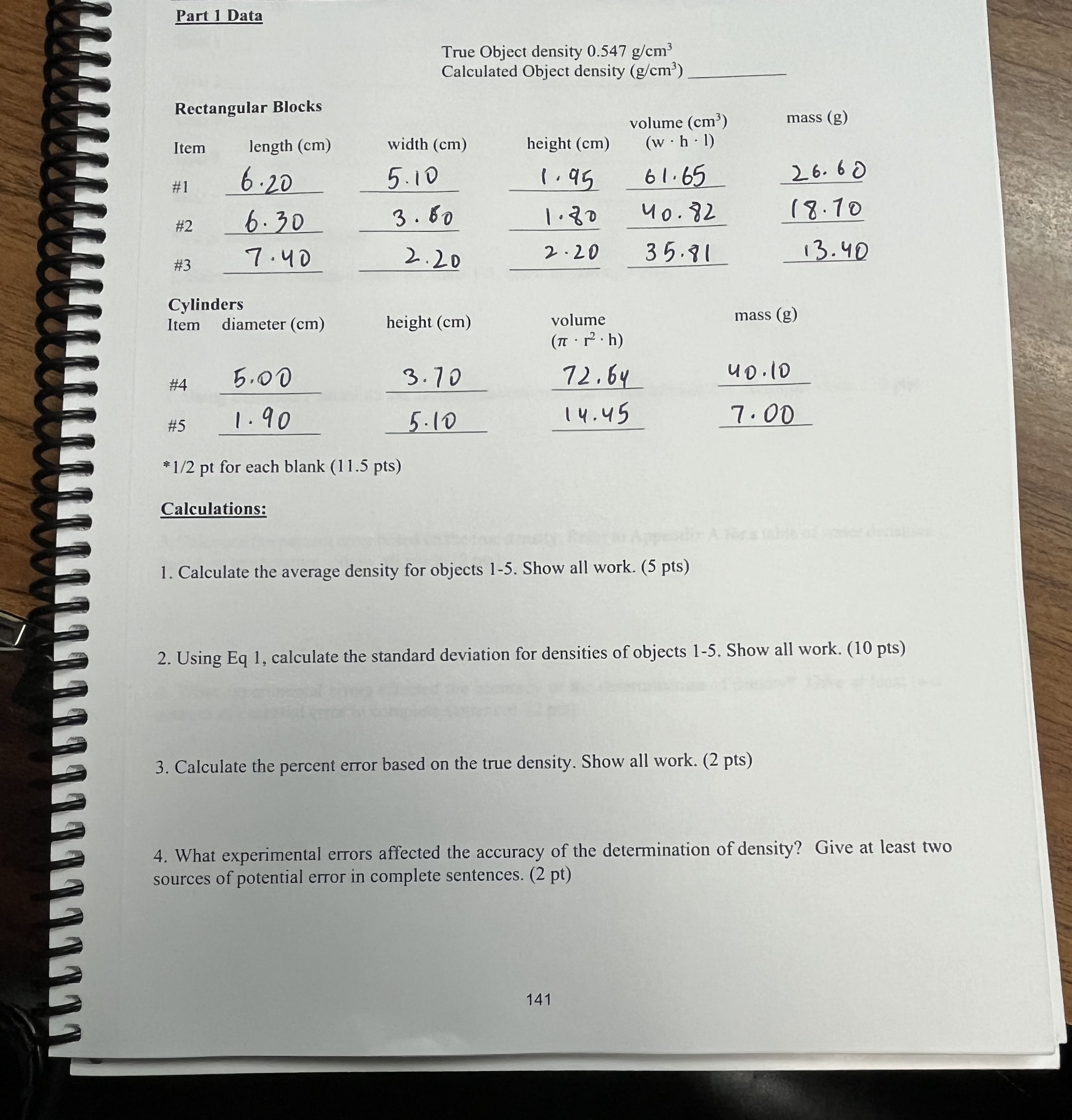  Part 1 DataPart 1 Data True Object density 0.547gcm3 Calculated Object