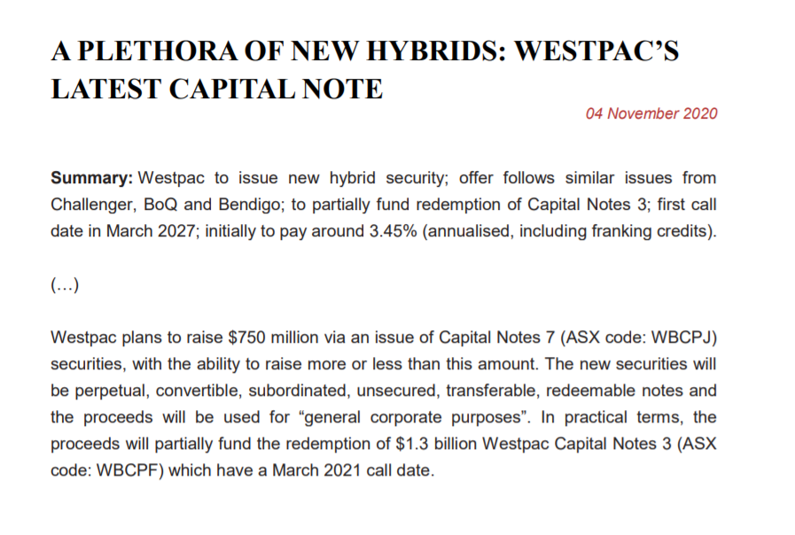 Read carefully this Yieldreport article provided here about Westpac, an Australian commercial