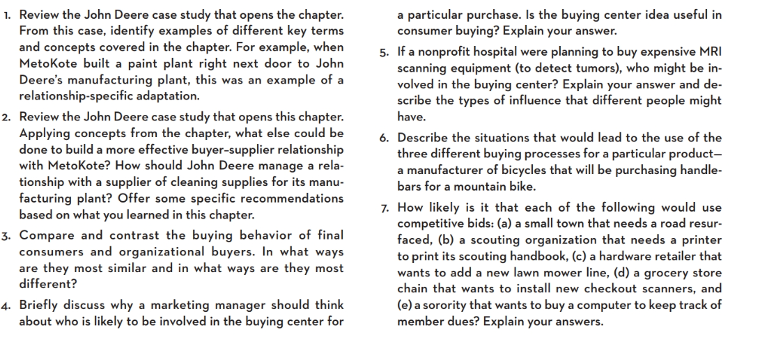 . Review the John Deere case study that opens the chapter.