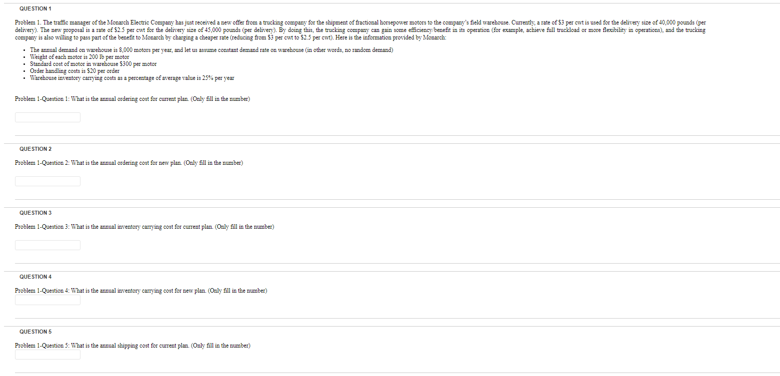 Please help QUESTION 1 Problem 1. The traffic manager of the Monarch